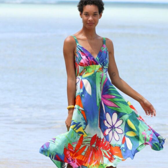 Jams World Ci Ci Dress Volare Sleeveless Tropical Floral Bright Beachy US Made S - Picture 1 of 6